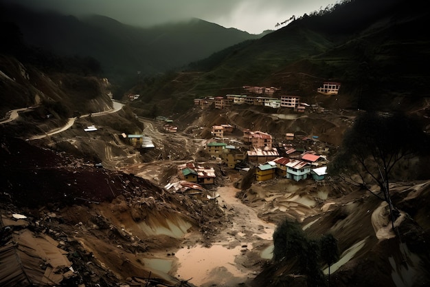 A village in the mountains with a hill in the background