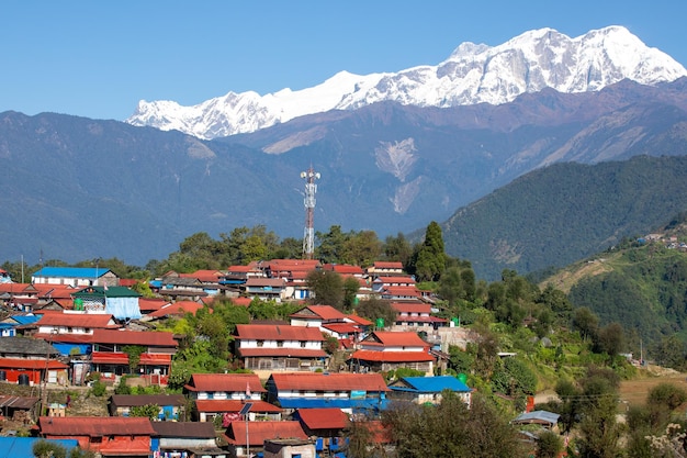 A village in the mountains with a mountain in the background