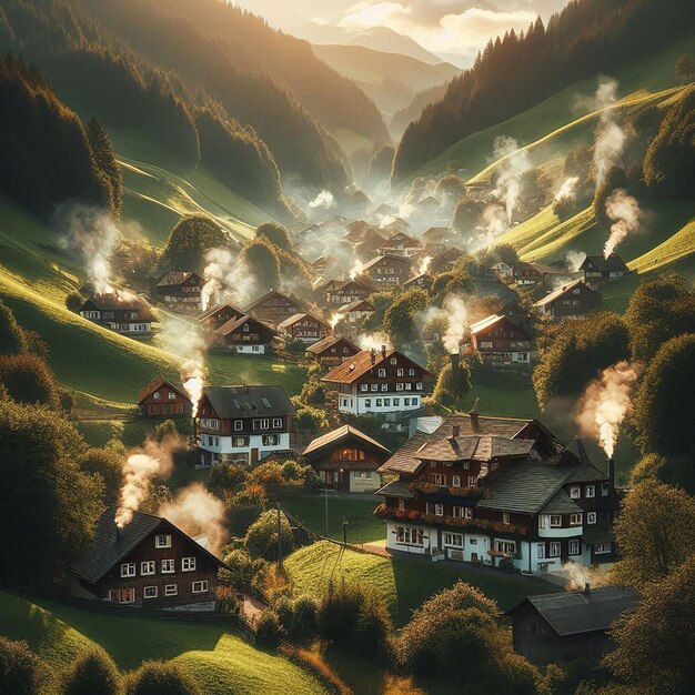 Photo a village in the mountains with smoke coming out of the chimney