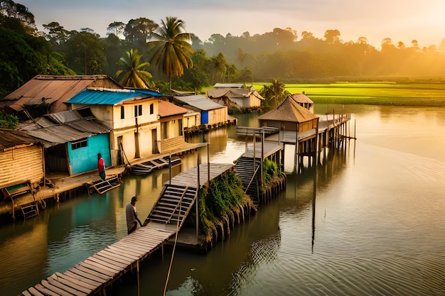 a village on the river bank with a man standing on the dock and a house on the other side.