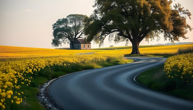 Photo village road through mustard field with small house and trees