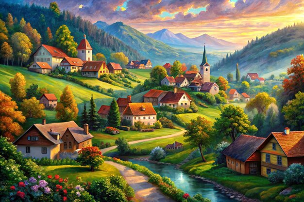 Photo village scenery in landscape acrylic paintingnature and homes beautiful location