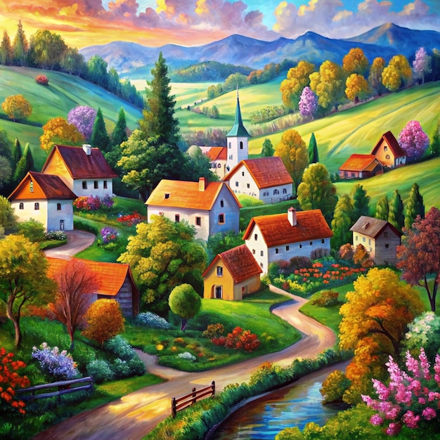 Photo village scenery in landscape acrylic paintingnature and homes beautiful location