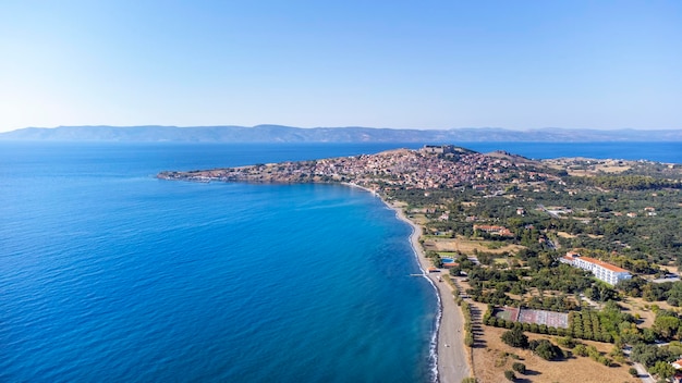 Village of Skala Nees Kidonies, Lesvos island, Greece. Aerial drone view of Lesbos island Molivos.