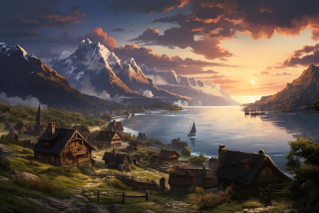 a village at sunset with houses and mountains in the background high quality