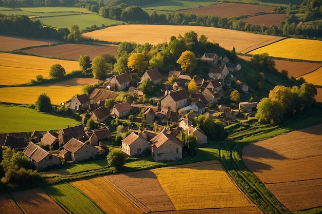 Photo village surrounded by a patchwork of fields in shades