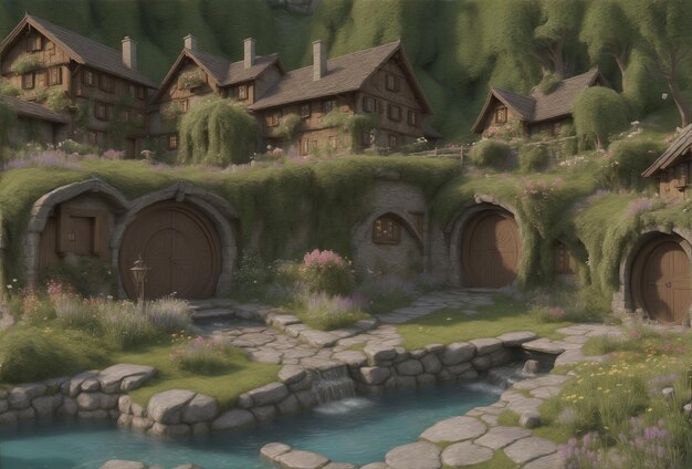 A Village In Switzerland With beautiful RiverFlowers A Concept Art Illustration