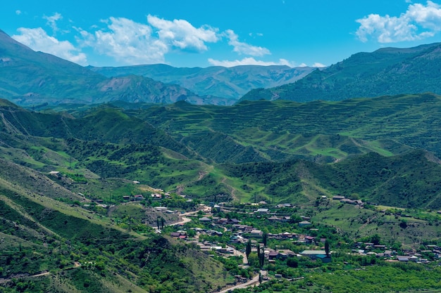 Village in a valley among mountains with terraced fields Chokh village in Dagestan North Caucasus