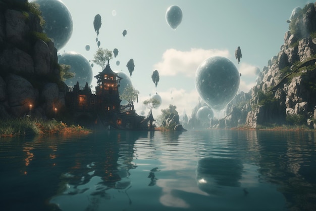 A village on the water with a blue sky and a few balloons floating above it.