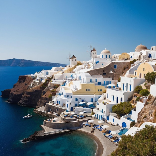 a village with a blue sea and a white house with blue shutters