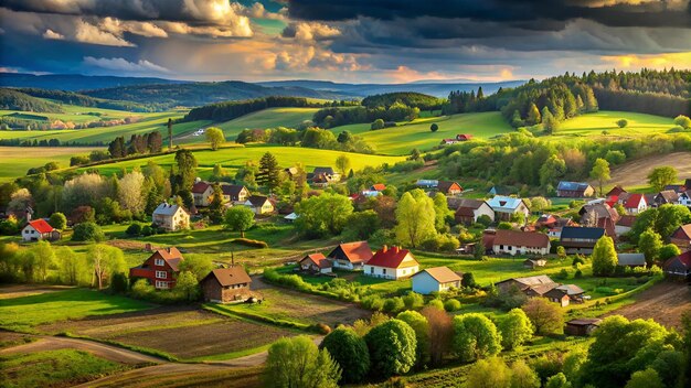 a village with houses and fields and mountains in the background