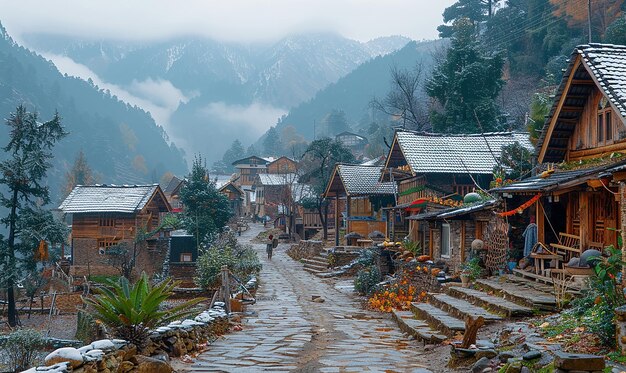 Photo a village with a mountain in the background