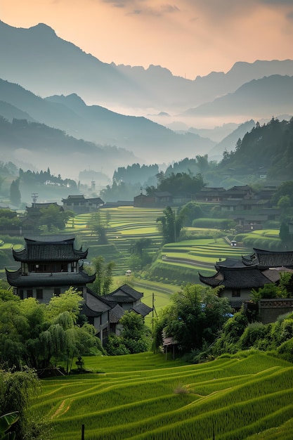 Photo a village with a mountain in the background