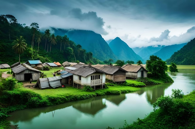 A village with a mountain in the background