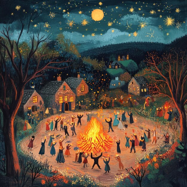 Villagers gather around a bonfire under a starry sky celebrating a festive night