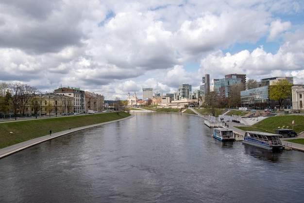 Vilnius Lithuania View from King Mindaugas Bridge to cities skyscrapers