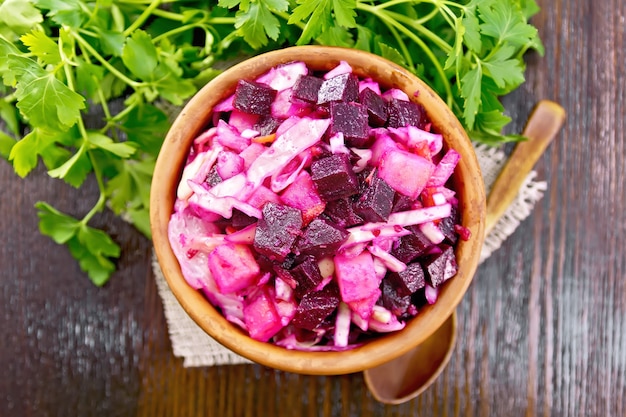 Vinaigrette salad with pickled or sauerkraut, potatoes, beetroot and onion