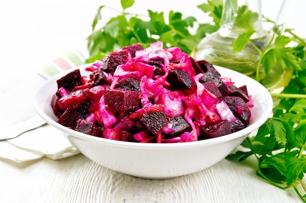 Vinaigrette salad with pickled or sauerkraut, potatoes, beetroot and onion