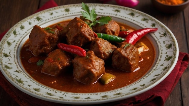 vindaloo is a Goan curry made with meat often pork or beef served on a plate