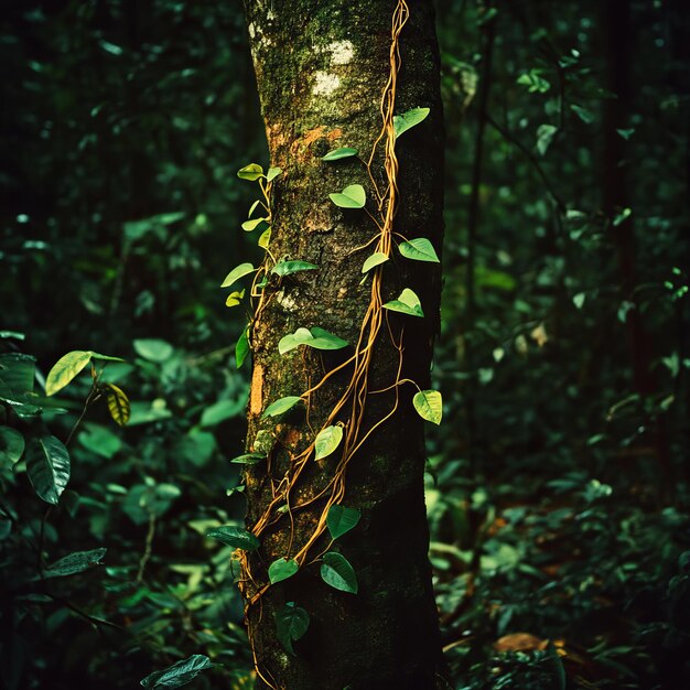 Photo a vine climbs up a tree trunk in a lush green forest