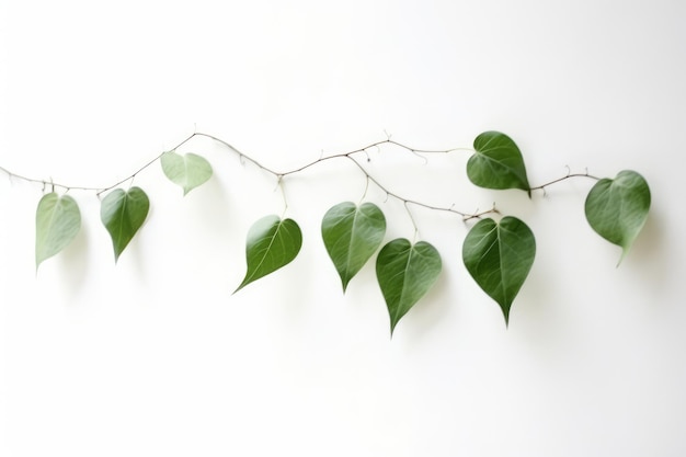 A vine with green leaves is hanging on a white wall.