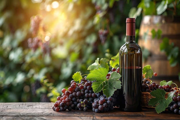 Vines with clusters of black grapes and wine bottle on the theme of winemaking and viticulture