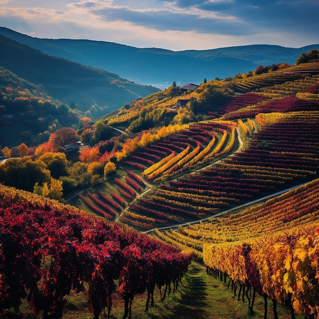 A vineyard decked out in autumn colors that evoke the beauty of the hills