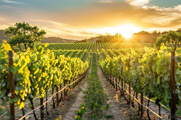 Vineyard at golden hour sun setting behind rows of grapevines scenic view