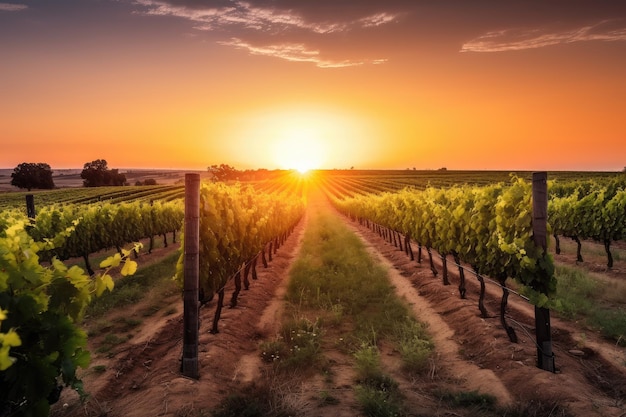 Vineyard at sunset with warm sun setting on the horizon