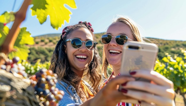 Photo in a vineyard two women are joyfully capturing a moment together by taking a selfie