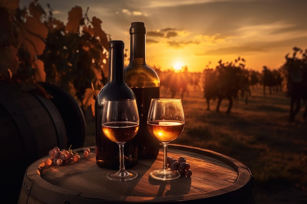 Vineyard wine bottle in sunset Generate Ai