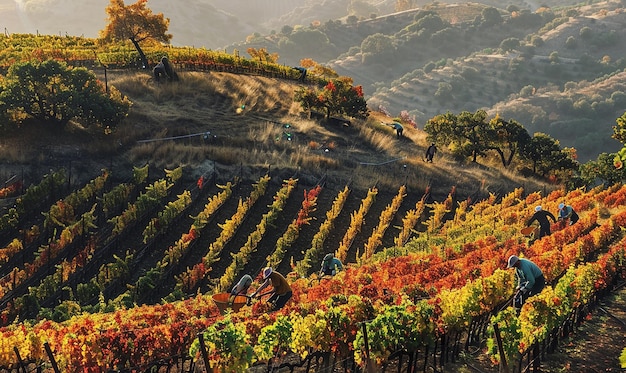 Photo a vineyard with a bunch of people on the top of it