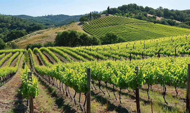 Photo a vineyard with a bunch of vines and trees in the background