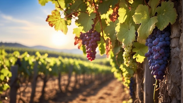 Photo a vineyard with grapes hanging from the vine