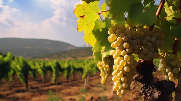 Photo a vineyard with grapes and a mountain in the background