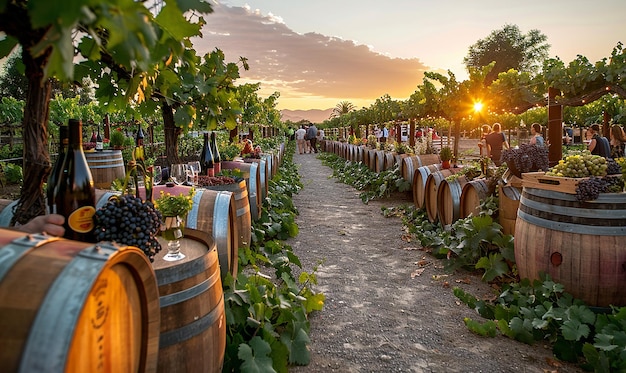 Photo a vineyard with grapes on the vine and a sunset in the background