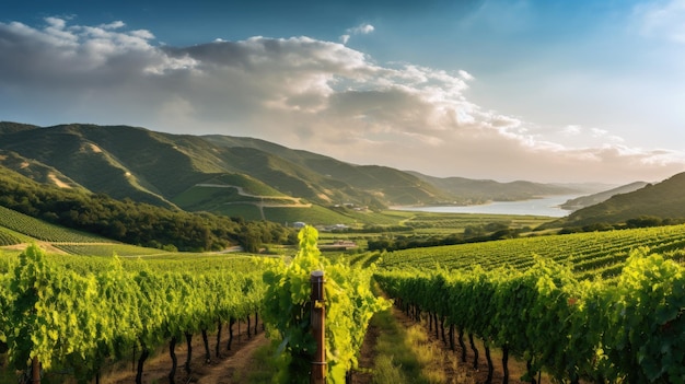 a vineyard with a lake in the background