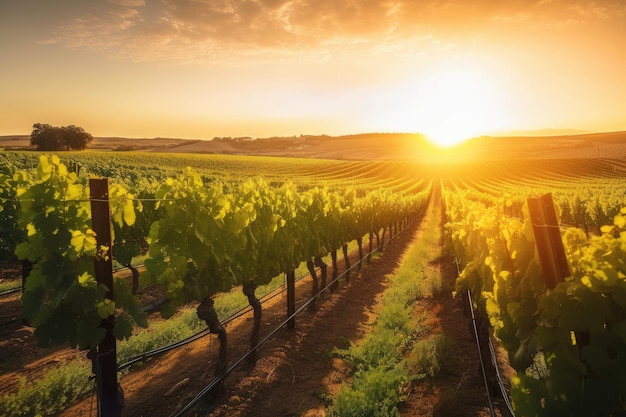 Vineyard with rows of grapevines and setting sun in the background