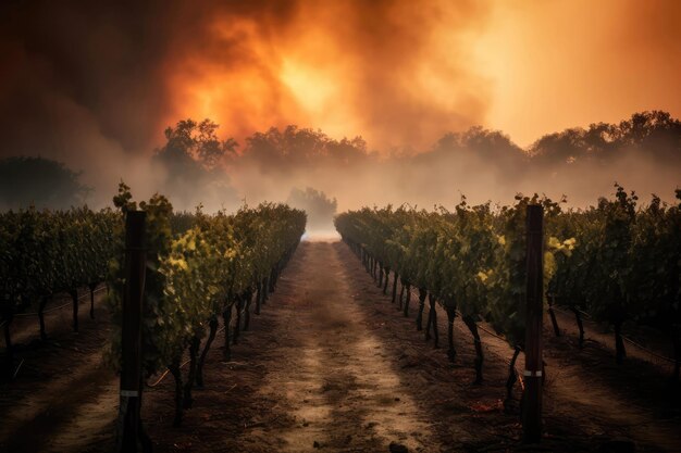 Vineyard With Smoke And Flames In The Background Generative AI