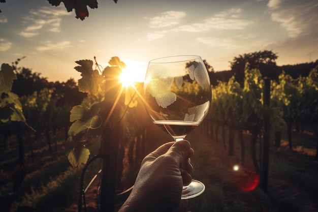 Vineyard with sun setting behind the vines and a glass of wine in hand created with generative ai