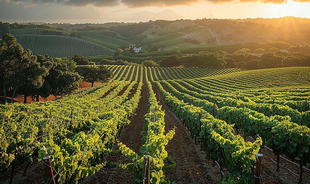 a vineyard with a sunset behind it and a house in the background