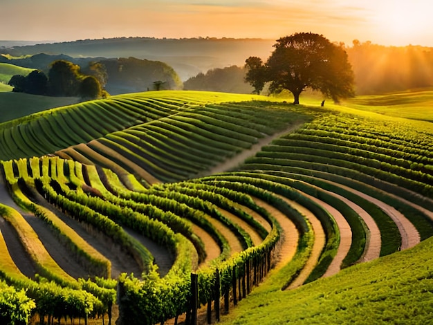 A vineyard with a tree in the foreground