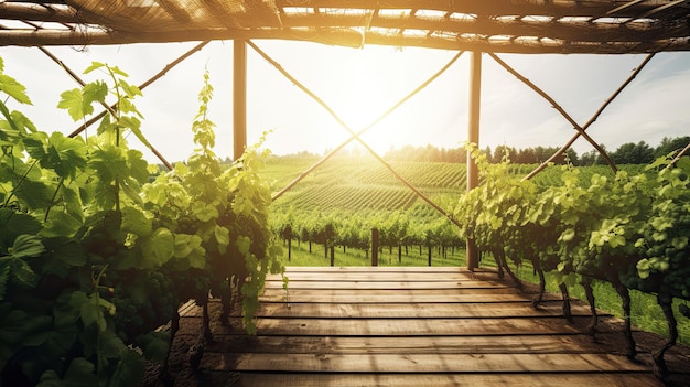 A vineyard with a view of the sun shining on the roof.