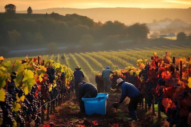 Vineyard with workers harvesting grapes in the fall