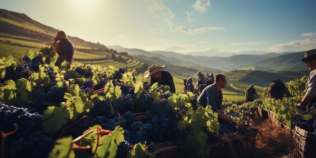 Vineyard workers harvesting white wine grapes on terraced vineyard