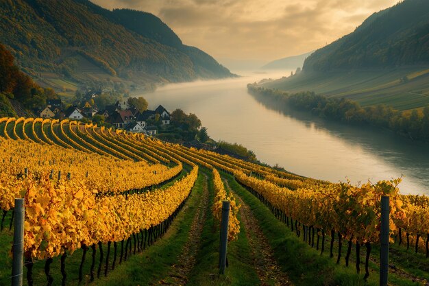 Photo vineyards along the rhine river in autumn rows of grapevines turning golden a small village nestle