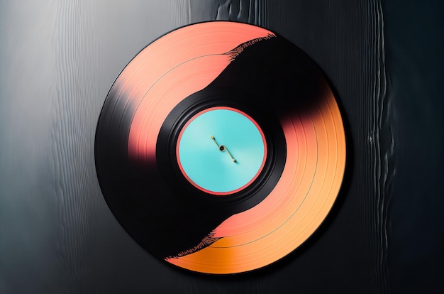 Vinil record on wooden dark background flat lay