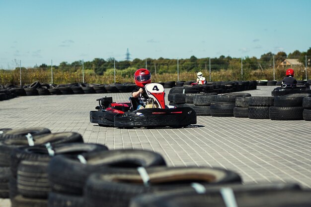 VinnitsaUkraineAugust 242016Go Kart Racer outdoors with blue sky with unknown pilots competing