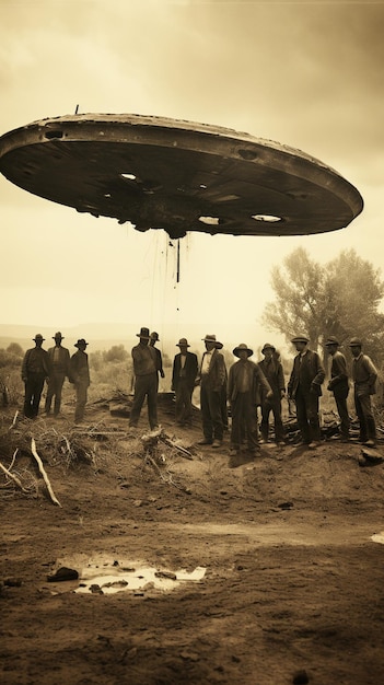 vintage 1800s photo of cowboys finding a crashed ufo