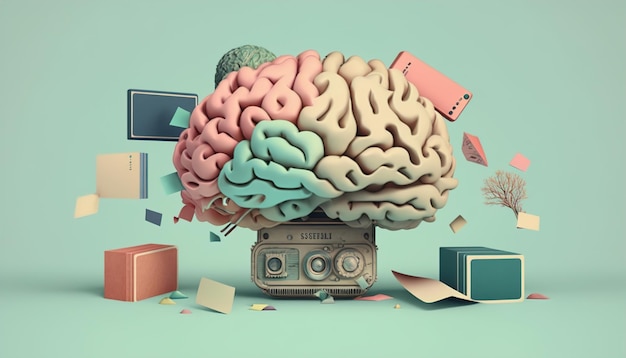 Vintage 3d brain learning with books on blue background Generative AI illustration